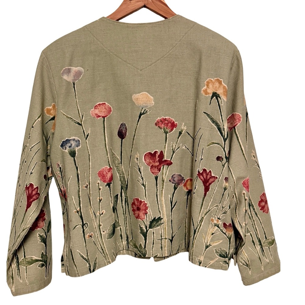 Coldwater Creek Jacket XL Green Floral Cotton Linen Blend Cottagecore Boho Art - Picture 2 of 10